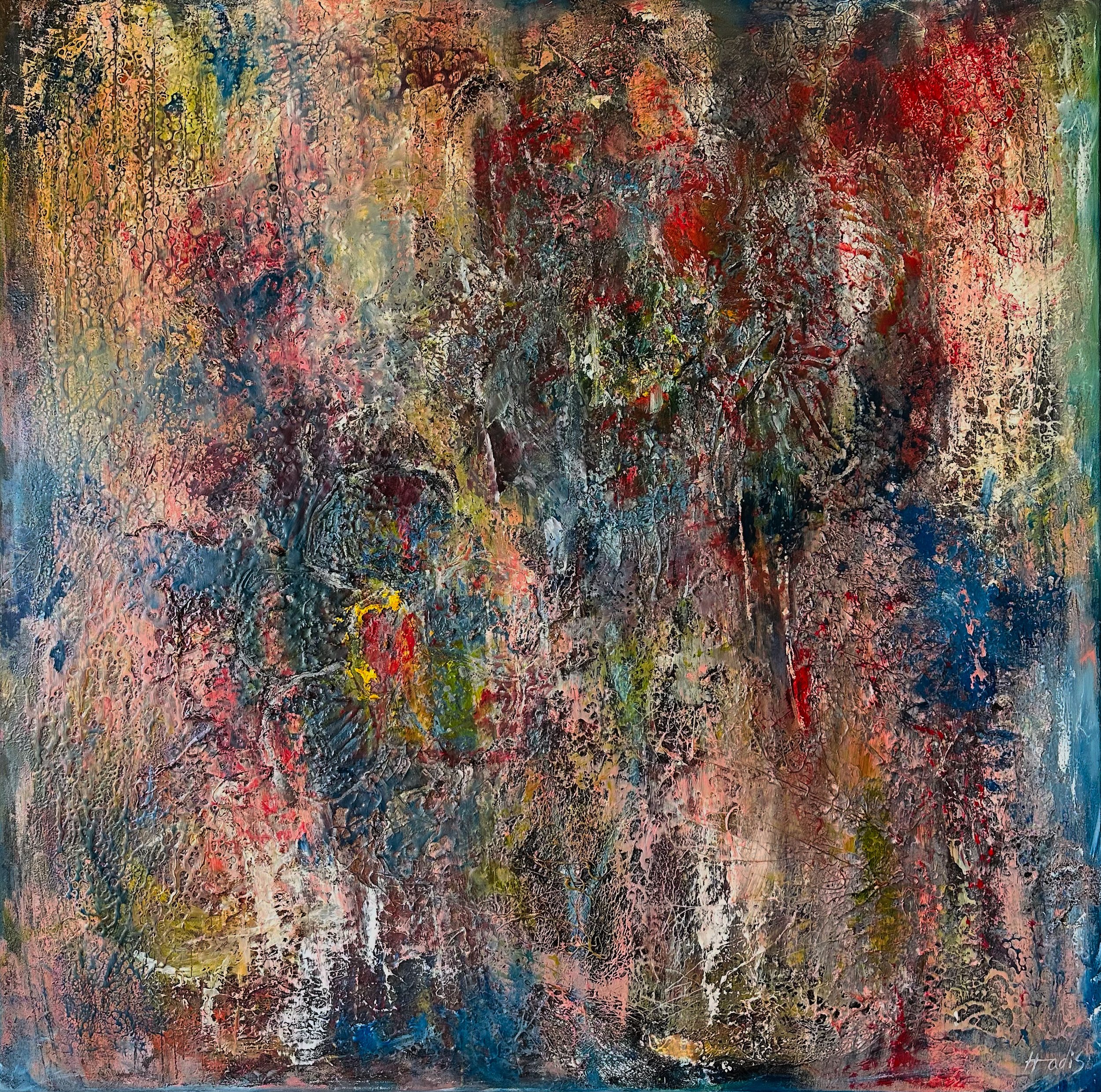 Rooted, 2025 — mixed media (oil, resin, glue) by Hadis Bahrami, 36 × 36 in.